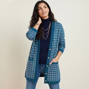 Talbots Merino Wool V-Neck Cardigan Texture Plaid Size Small NWOT